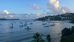 A coastal marina with numerous boats docked, surrounded by buildings and palm trees. - Closest to the Sandy Beach/ Direct Ocean front / Full Back up Generator (East End, St Thomas)