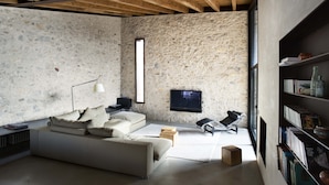 A modern living room with a stone wall, a sofa, a lounge chair, a TV, and a bookshelf.