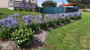 A garden with purple flowers, a wooden fence, and a building with a red roof. - Du Gouët - ST Brandan (ST BRANDAN)