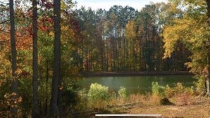 A forested area with a lake, surrounded by trees with autumn foliage.