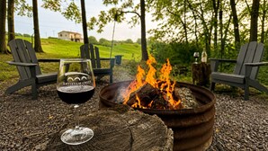 Een glas rode wijn met een etiket, een vuurkorf en twee Adirondack-stoelen in een natuurlijke omgeving.