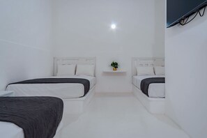 A minimalist hotel room with two beds, a small shelf with a plant, and a flat-screen TV mounted on the wall. - Italia Estación Hotel Mérida (Mérida)