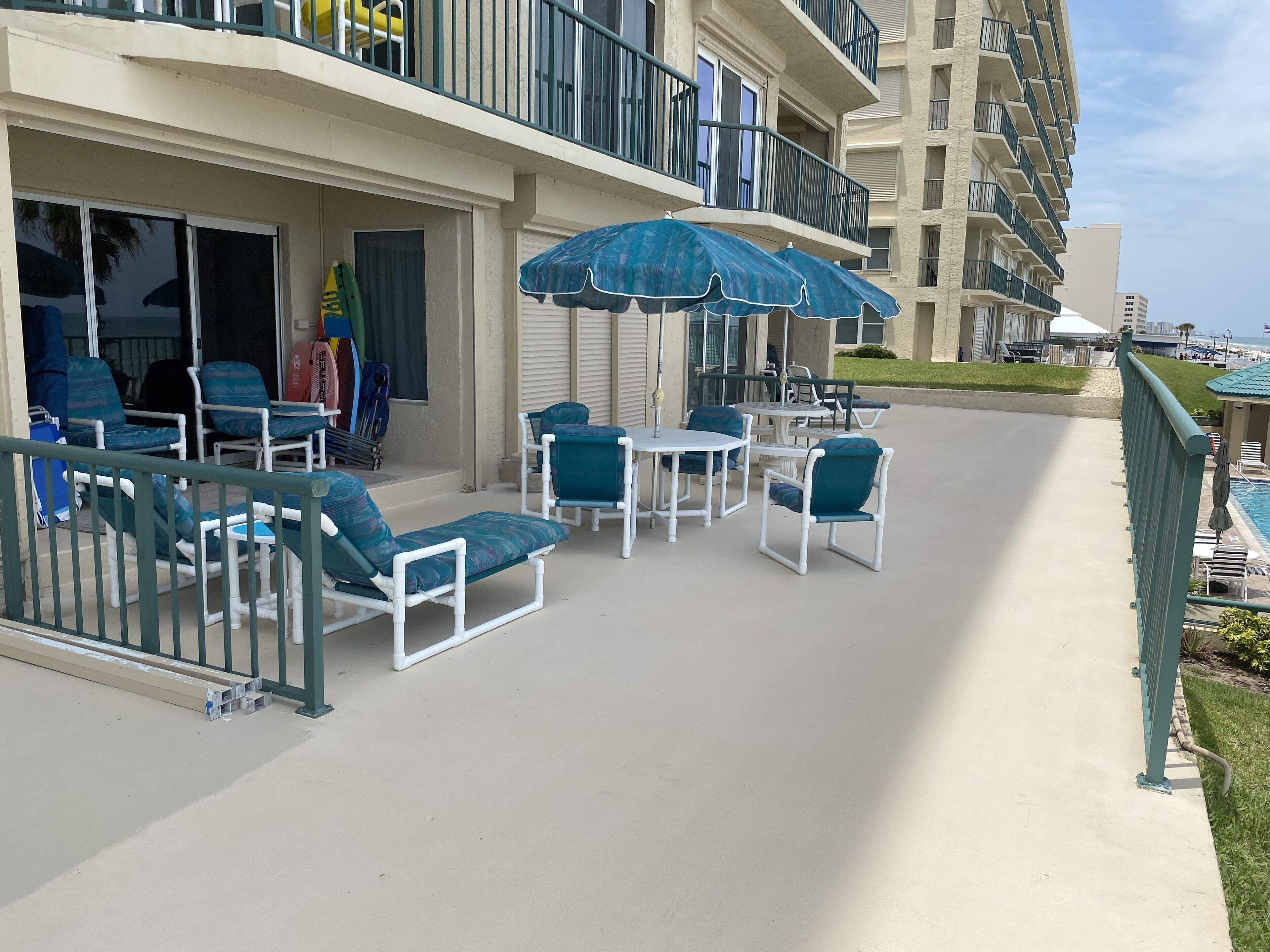 Beach front condo on 1st floor with  large outdoor area
