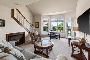 Smart TV, fireplace, books