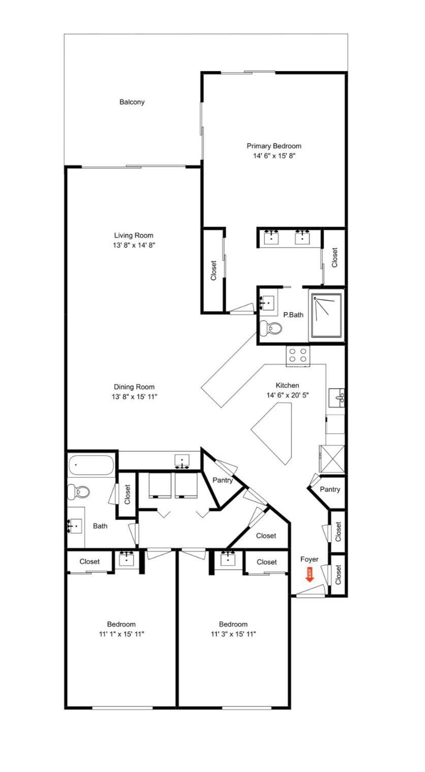 Plano de planta que muestra un balcón, habitación principal, sala de estar, comedor, cocina, dos dormitorios, baños y despensas.