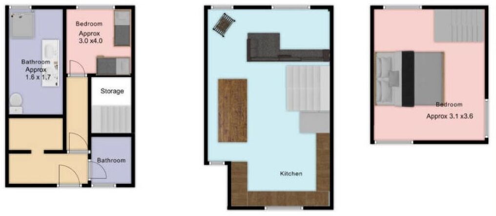 Drei Grundrisse von Hotelzimmern mit unterschiedlichen Anordnungen, darunter Schlafzimmer, Badezimmer und Küche.