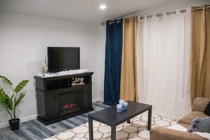 Televisión, chimenea y libros 