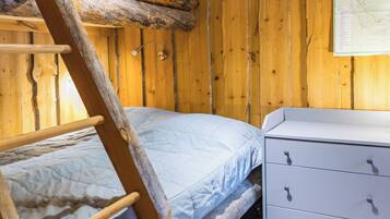 Een houten kamer met stapelbedden, een dressoir en een kaart aan de muur.