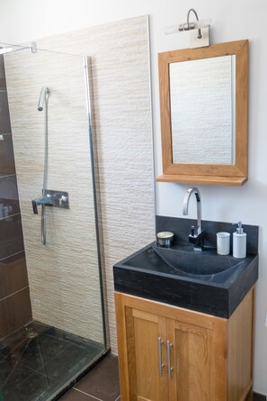 Shower, hair dryer, toilet paper