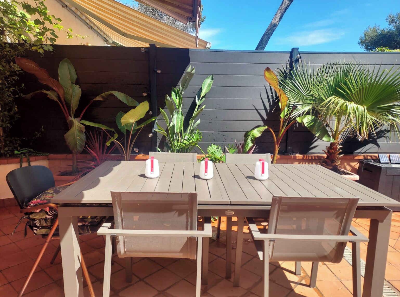 An outdoor patio with a wooden table and chairs, surrounded by various plants.