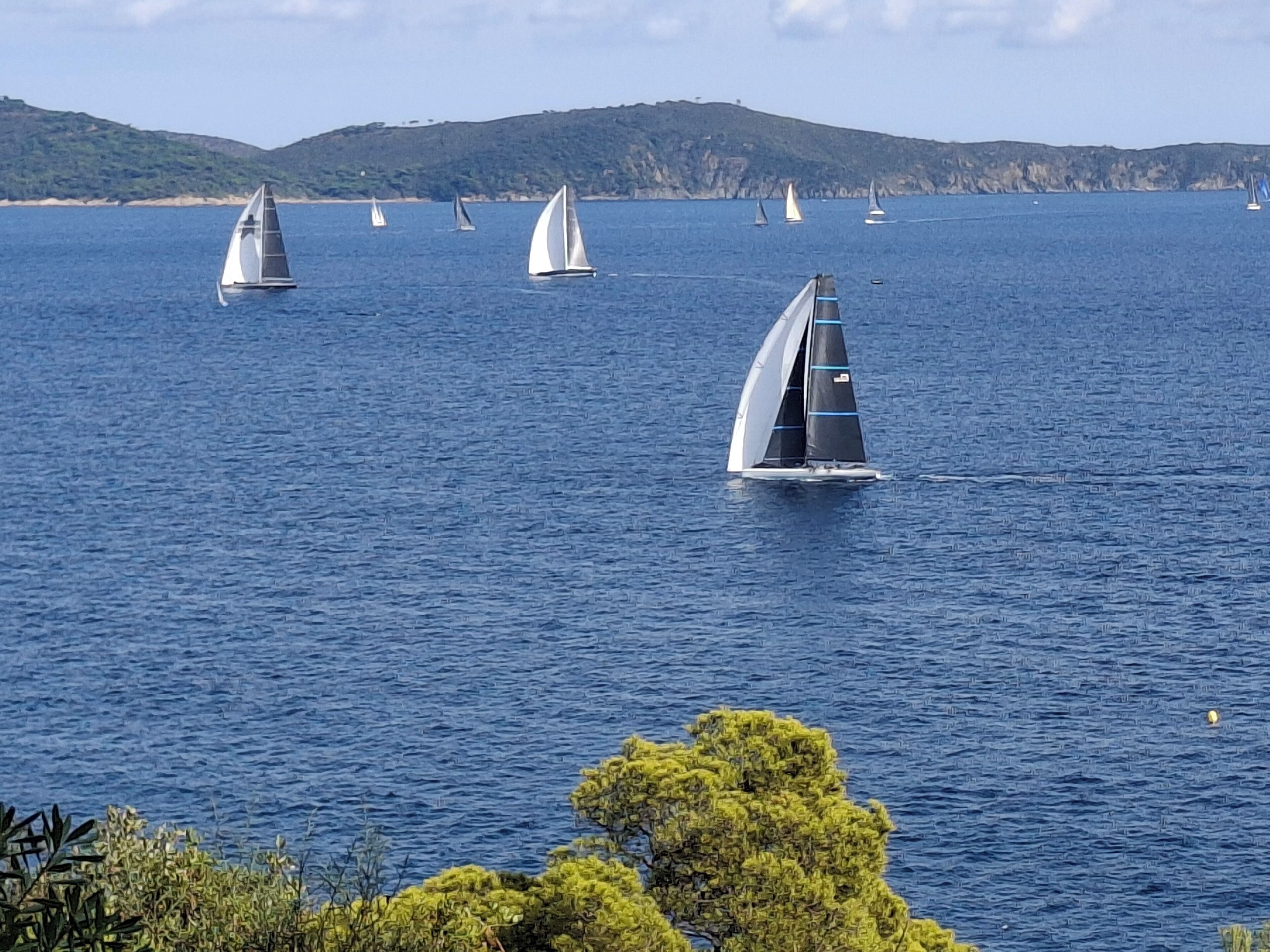 Un port de plaisance où des voiliers sont amarrés sur des eaux calmes, entouré de collines et de verdure.