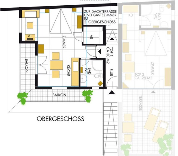 A floor plan of a hotel with an Obergeschoss (upper floor) featuring a living room, kitchen, dining area, and two bathrooms.