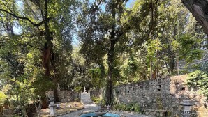 Un sendero de piedra que atraviesa un jardín con una fuente, rodeado de árboles y muros de piedra.