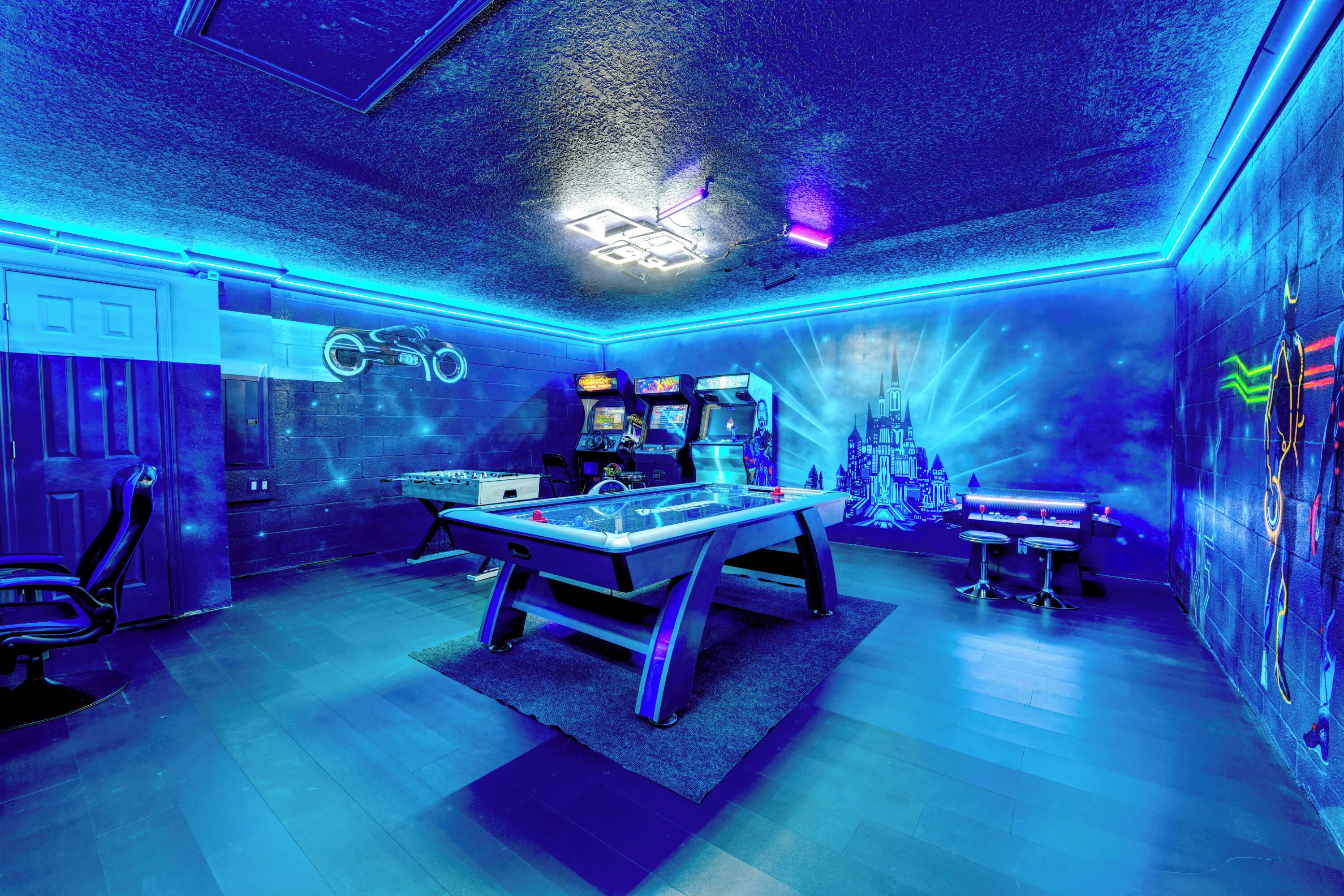 Game Room with Xbox, air hockey, foosball, new Tron game + 3 more arcade games