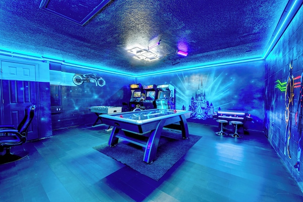 Game Room with Xbox, air hockey, foosball, new Tron game + 3 more arcade games