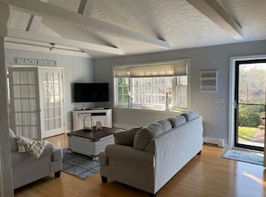 TV connectée, cheminée, livres