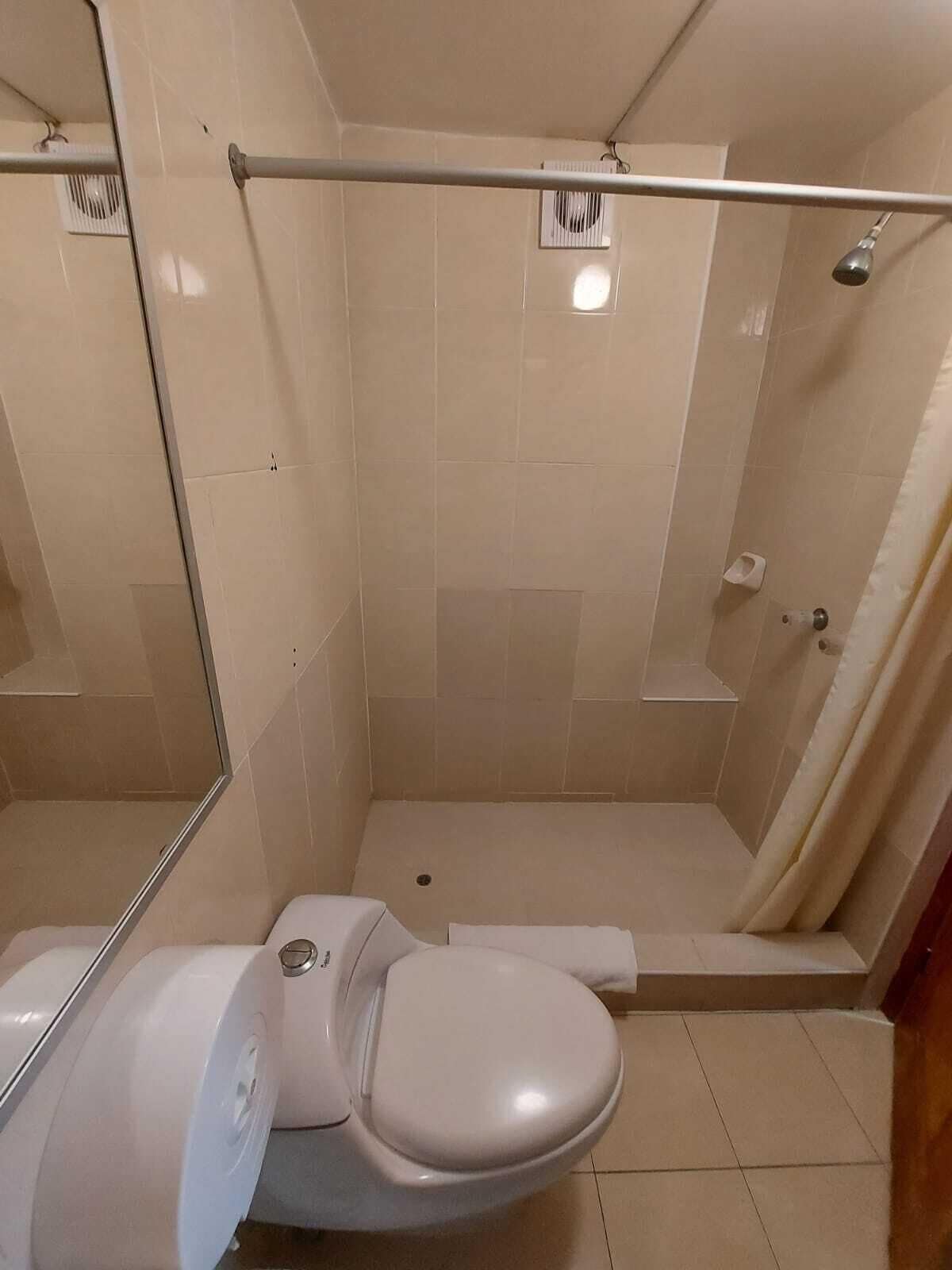 Un baño con inodoro, ducha y mampara de vidrio.