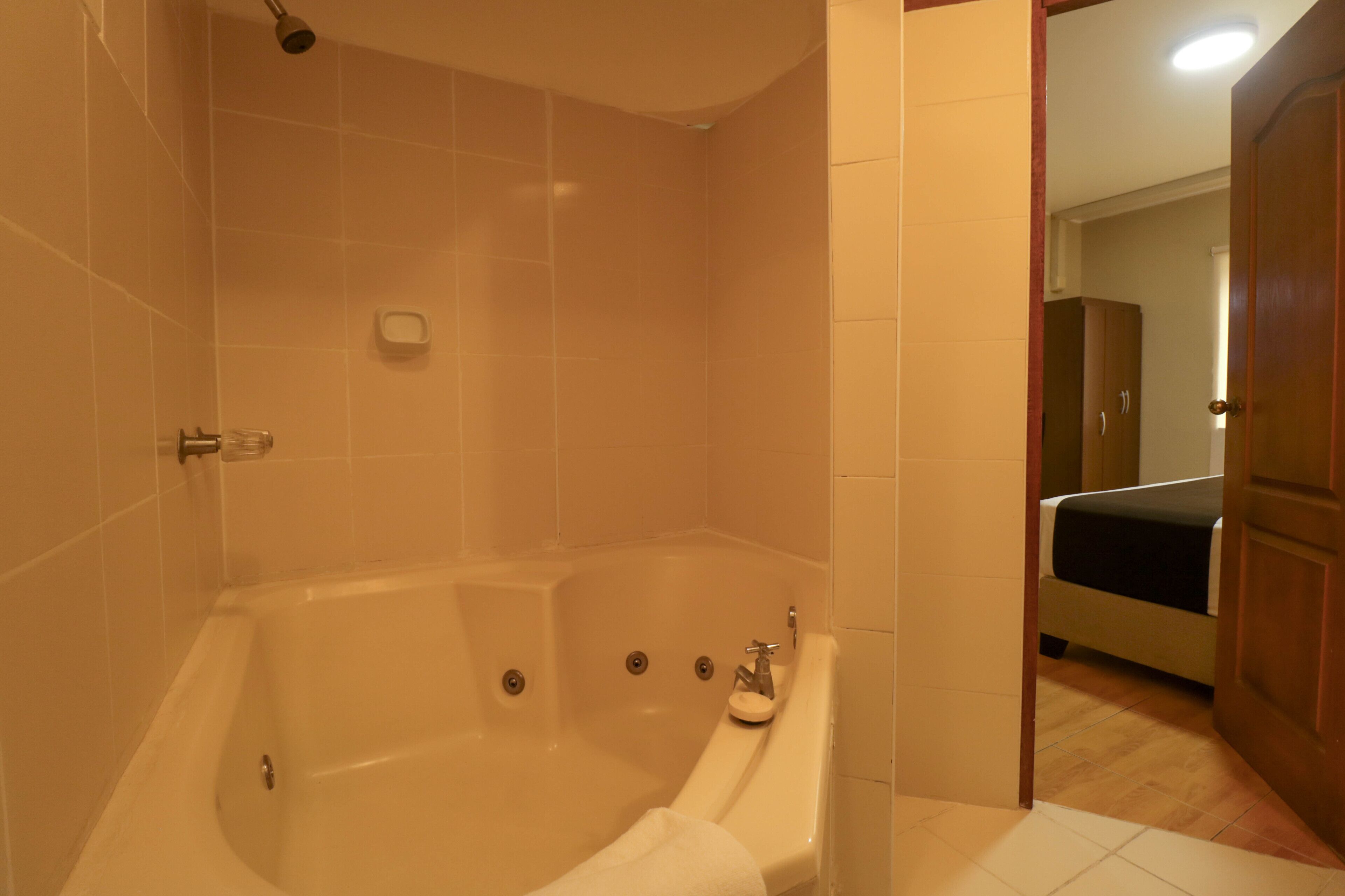 Un baño con bañera, ducha e inodoro. Una puerta de madera da paso a otra habitación.