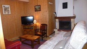 A living room with a television, wooden panel walls, a fireplace, and a sofa. - LA COURTIONE APARTMENT IN CHALET (Samoëns)