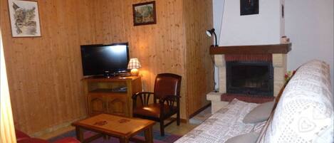 Een woonkamer met een televisie, houten paneelwanden, een open haard en een bank.