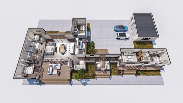A modern apartment layout with a central living area, two bedrooms, a kitchen, and a small balcony.