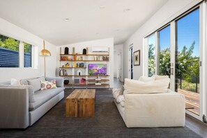 TV, fireplace, books, offices