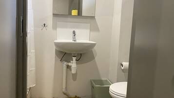 A bathroom with a white sink, a mirror above it, and a toilet. There is a green trash bin next to the toilet.