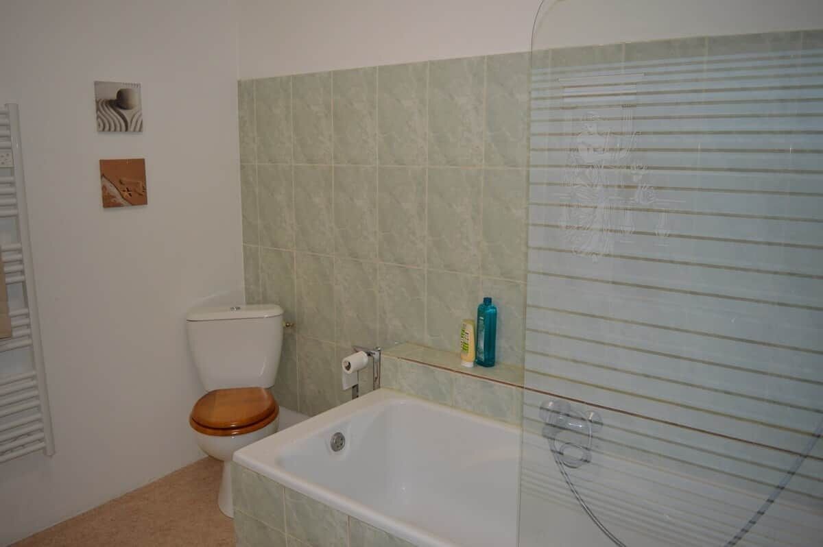 A bathroom with a toilet, a bathtub, and a glass shower enclosure.