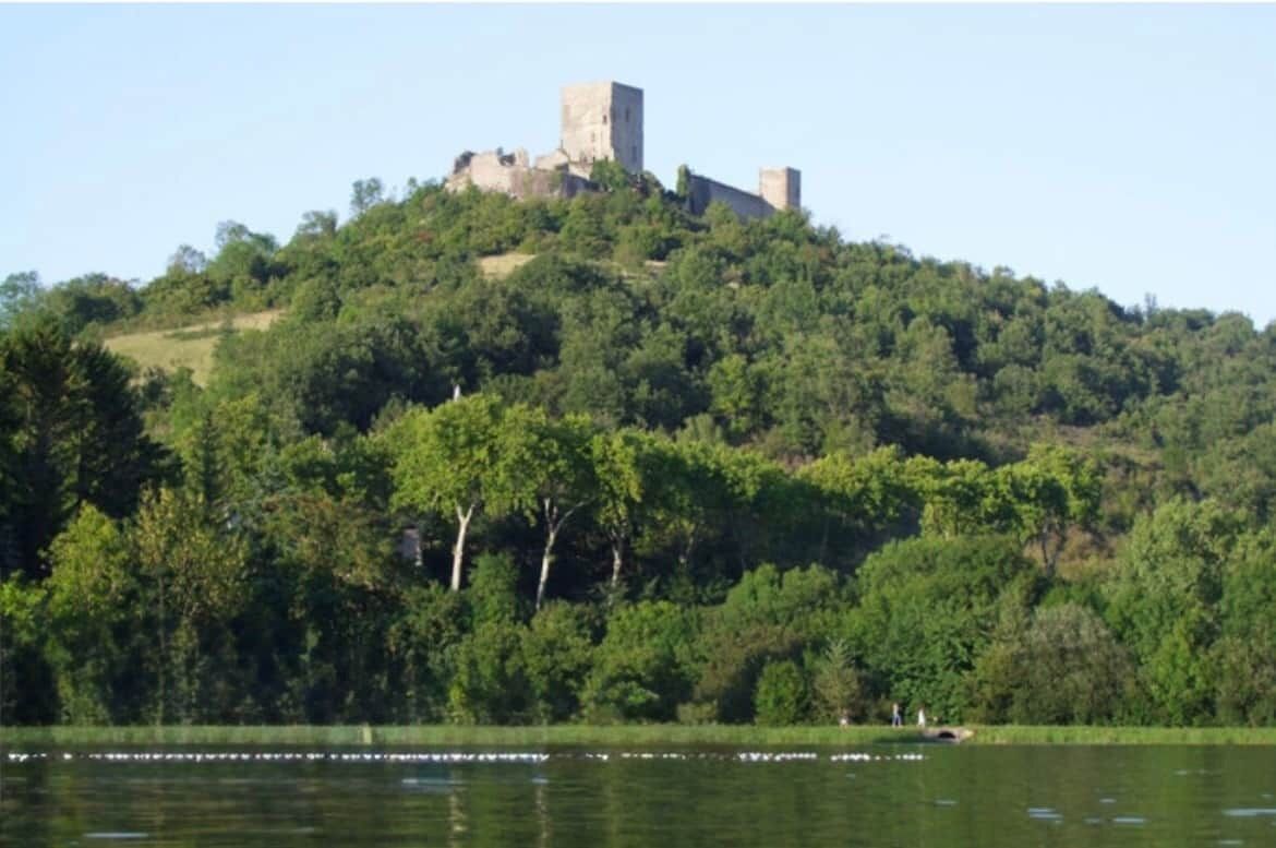 A castle on a hill with dense forest and a body of water in the foreground.