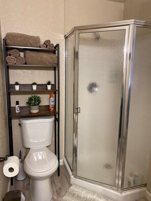 Combined shower/tub, hair dryer, towels, soap