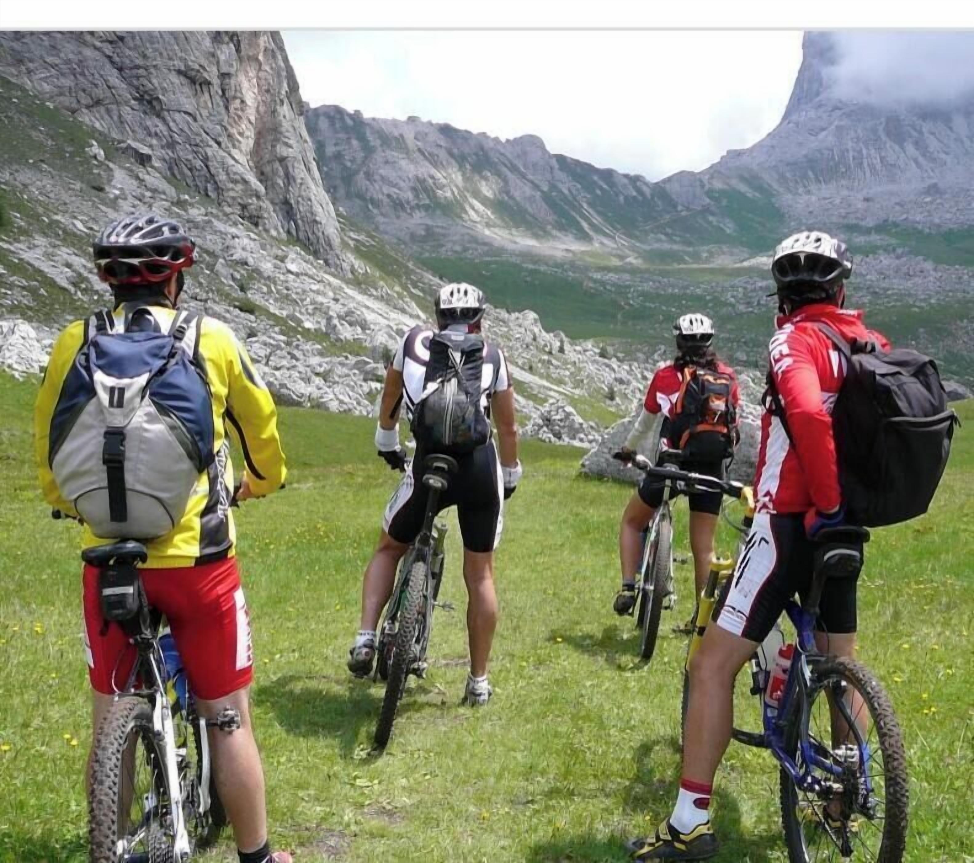 Un groupe de cyclistes sur un sentier de montagne herbeux, avec un terrain rocailleux et une montagne en arrière-plan.