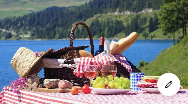 A picnic setup with a basket, wine glasses, grapes, bread, and a plate of food on a table with a checkered tablecloth, overlooking a lake and forested hills. - Lovely renovated Cottage in Puivert (Puivert)