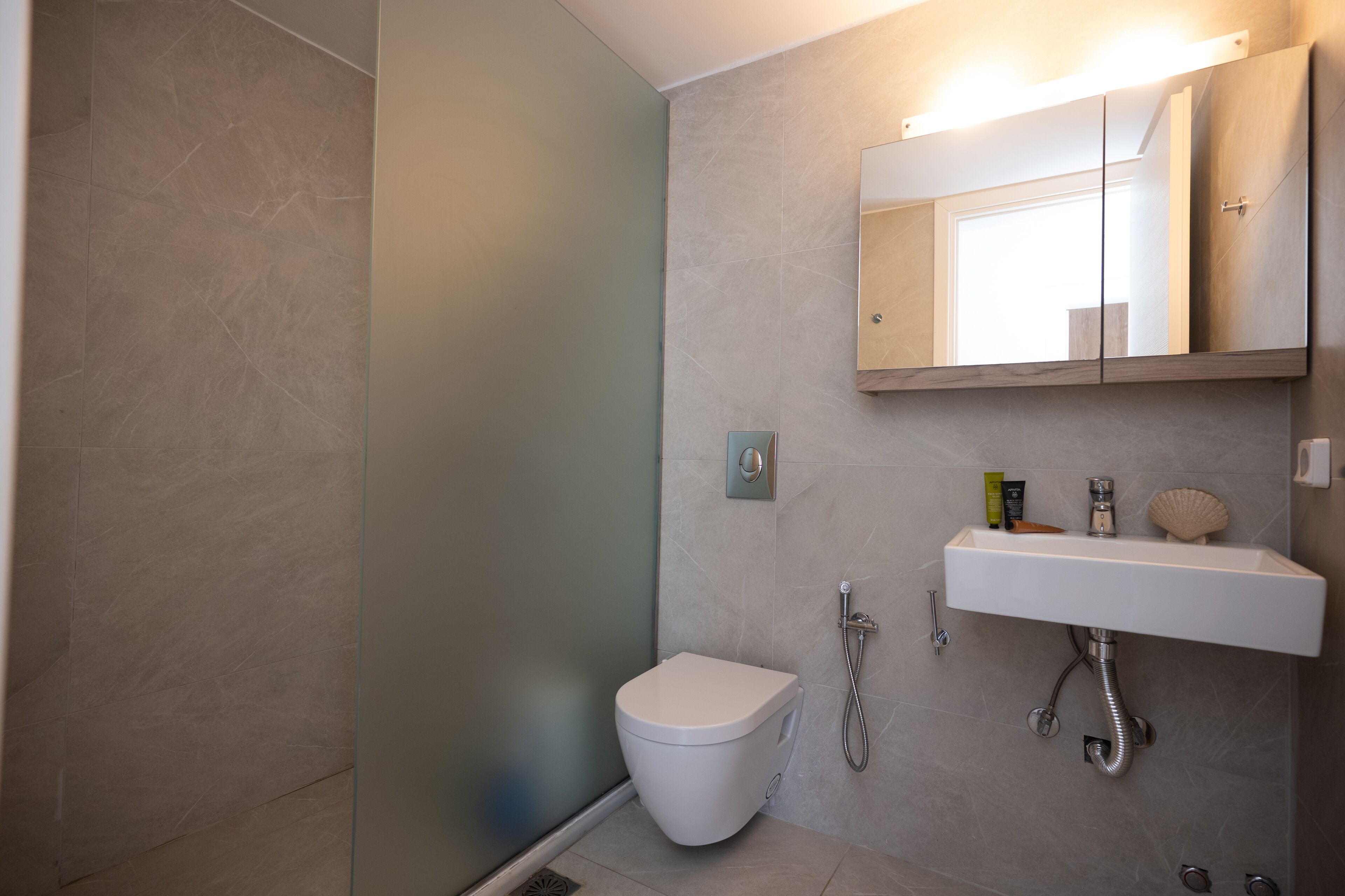Un baño moderno con inodoro, lavabo y ducha.