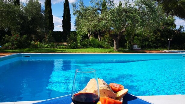 A poolside view with a tray of food and a glass of red wine. - Sunflower apt With Shared Pool Family fun (Castiglione del Lago)