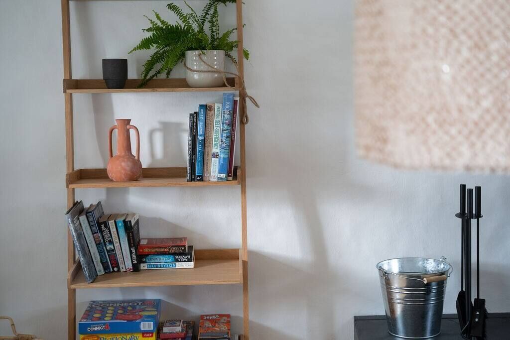 Uma estante com livros, um vaso de planta, um vaso e um balde de metal sobre uma mesa.