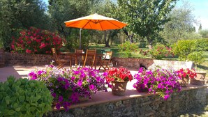 En udendørs terrasse med et bord og stole under en orange parasol, omgivet af blomster og grønt.
