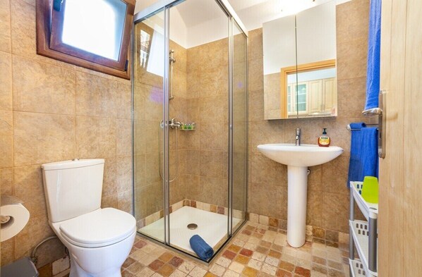 A bathroom with a glass-enclosed shower, a white sink, and a toilet.