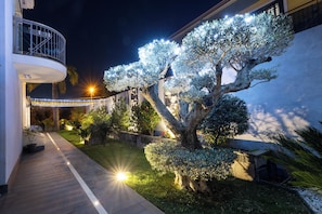 A well-lit outdoor area with a pathway leading to a building entrance, surrounded by various trees and shrubs. - Zaffiro Lavico rooms Etna nature sea (Aci Sant'Antonio)