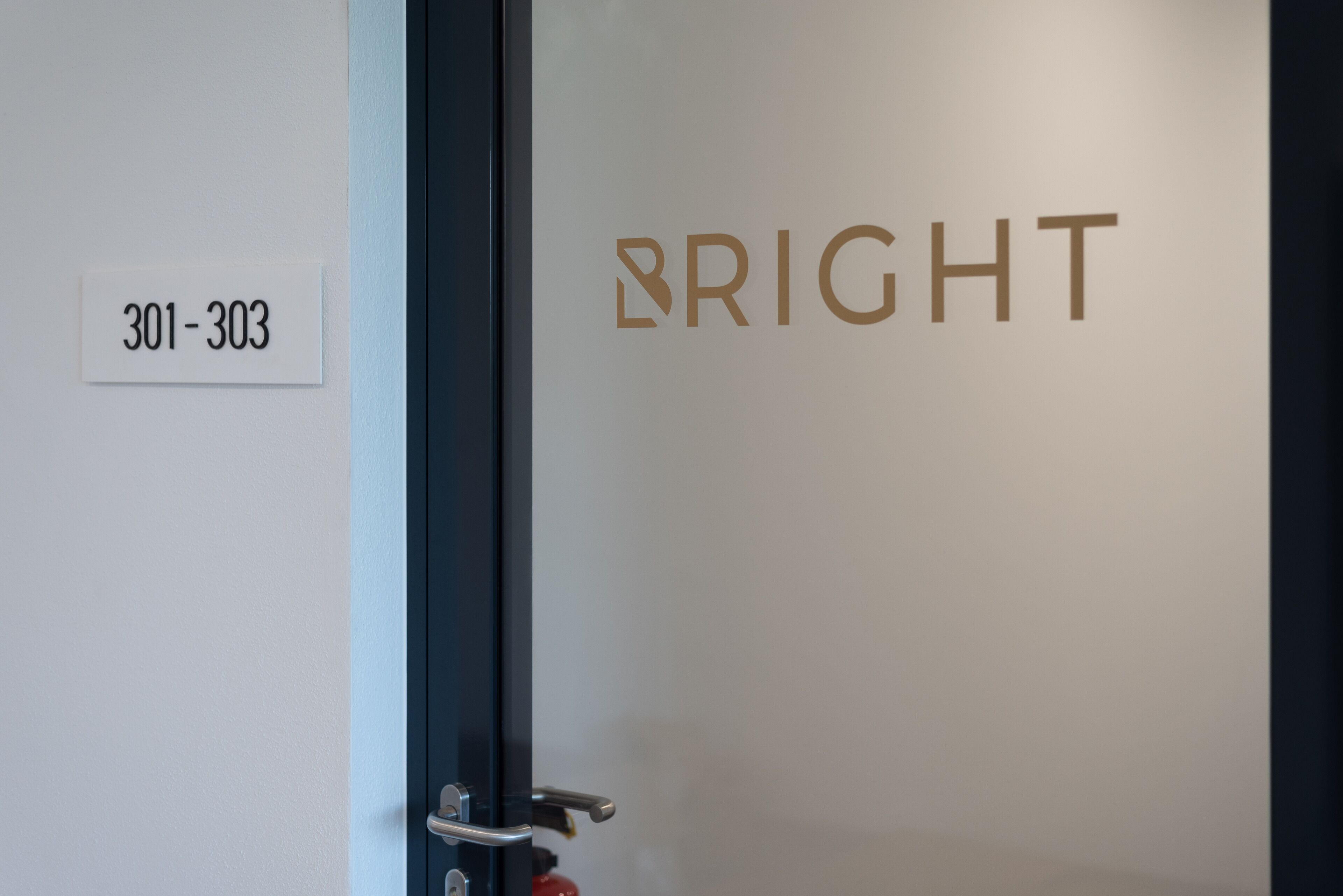 Una puerta con un cartel que dice "301-303" y la palabra "BRIGHT" en letras doradas.