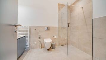 Een moderne badkamer met een douchecabine van glas, een toilet en een wastafel.