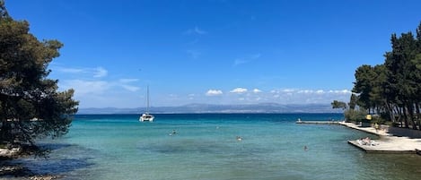 On the beach, sun-loungers