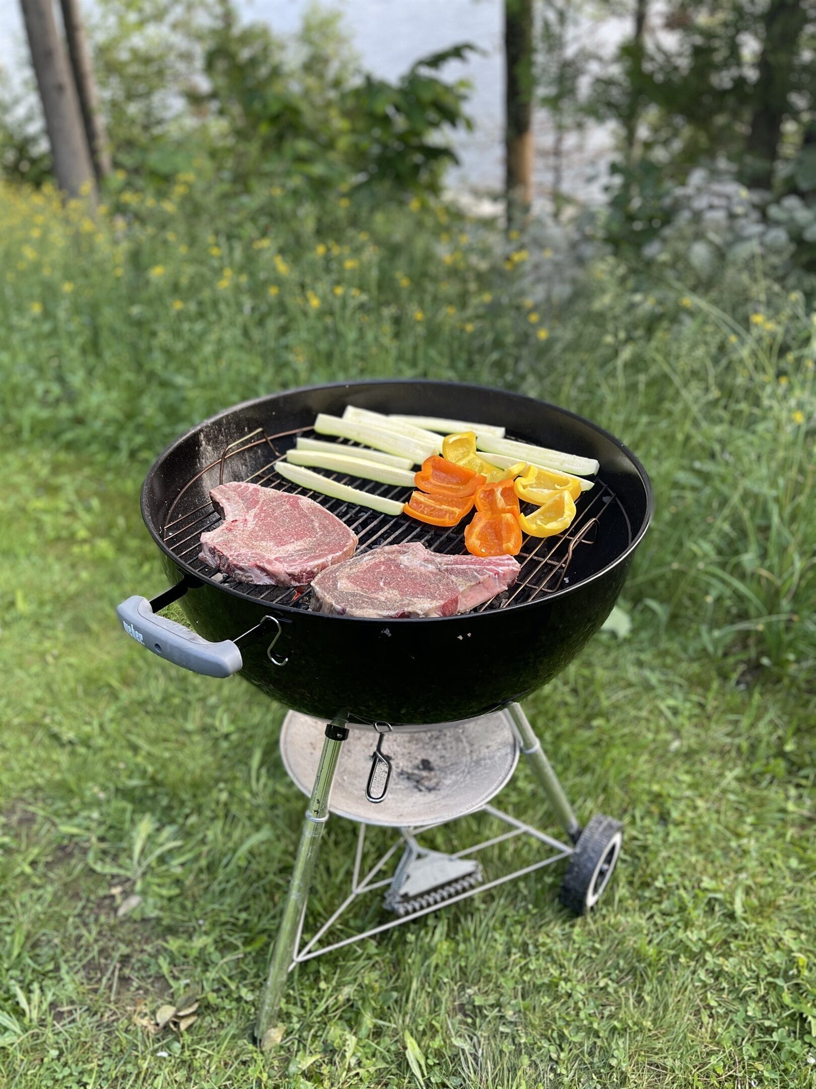 A portable grill with steaks, bell peppers, and sausages on a grassy area.