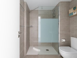 Shower, hair dryer, towels, toilet paper