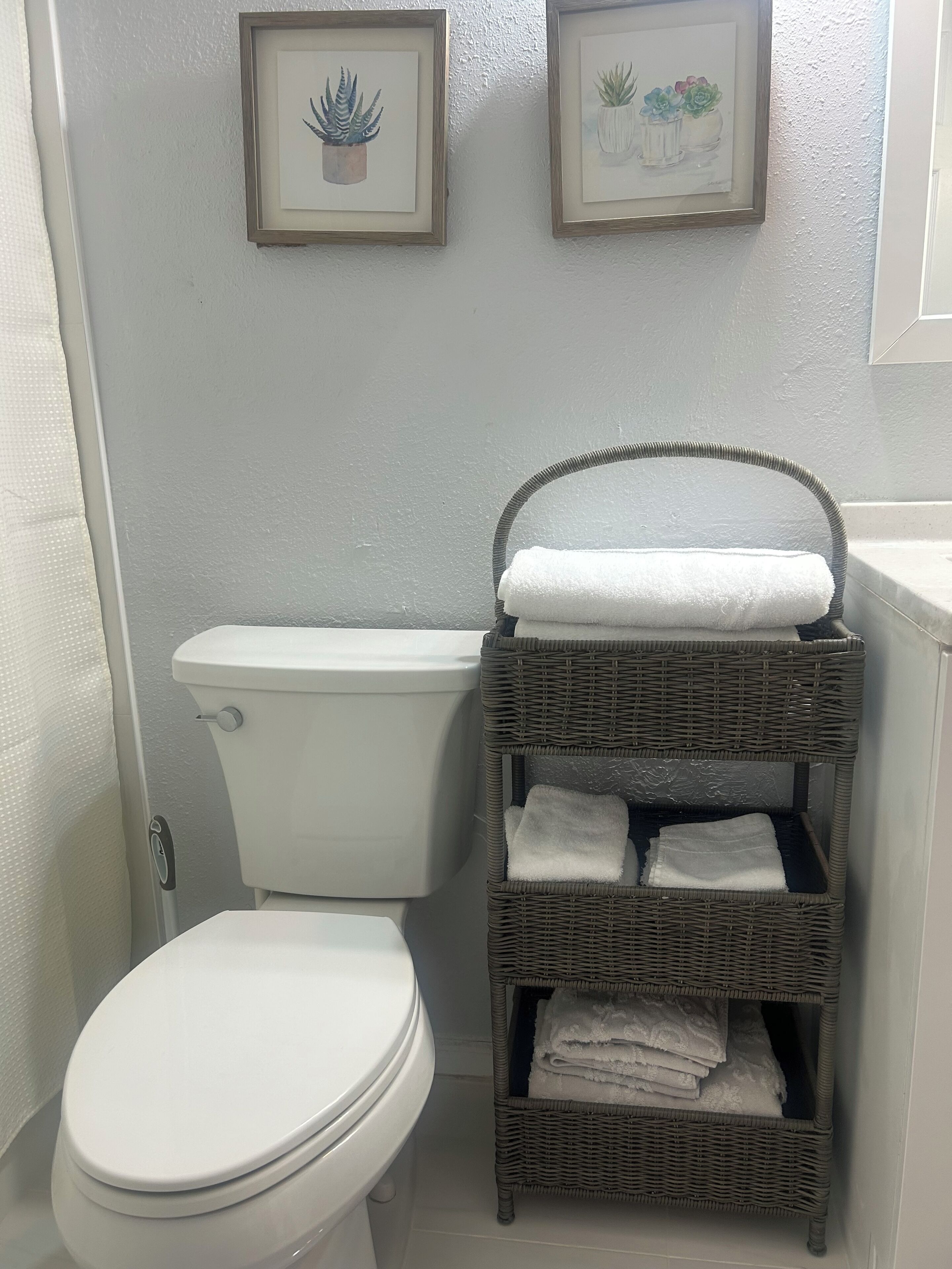 A bathroom with a white toilet, a wicker shelf with folded towels, and two framed botanical illustrations on the wall.