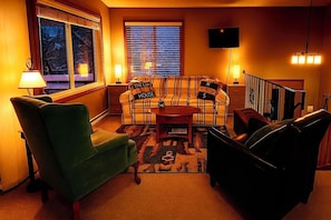 Smart TV, fireplace, books