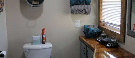 A compact bathroom with a toilet, a sink, and a window with blinds.