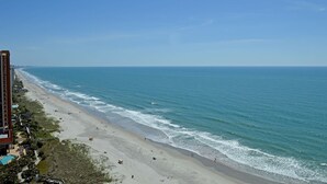 Une plage offrant une vue dégagée sur l’océan, une rive sablonneuse et un bâtiment avec une piscine situé sur la gauche.