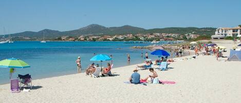 Ein Strand mit Menschen, die unter Sonnenschirmen entspannen, einem klaren Himmel und einer entfernten Ansicht von Gebäuden und Hügeln.