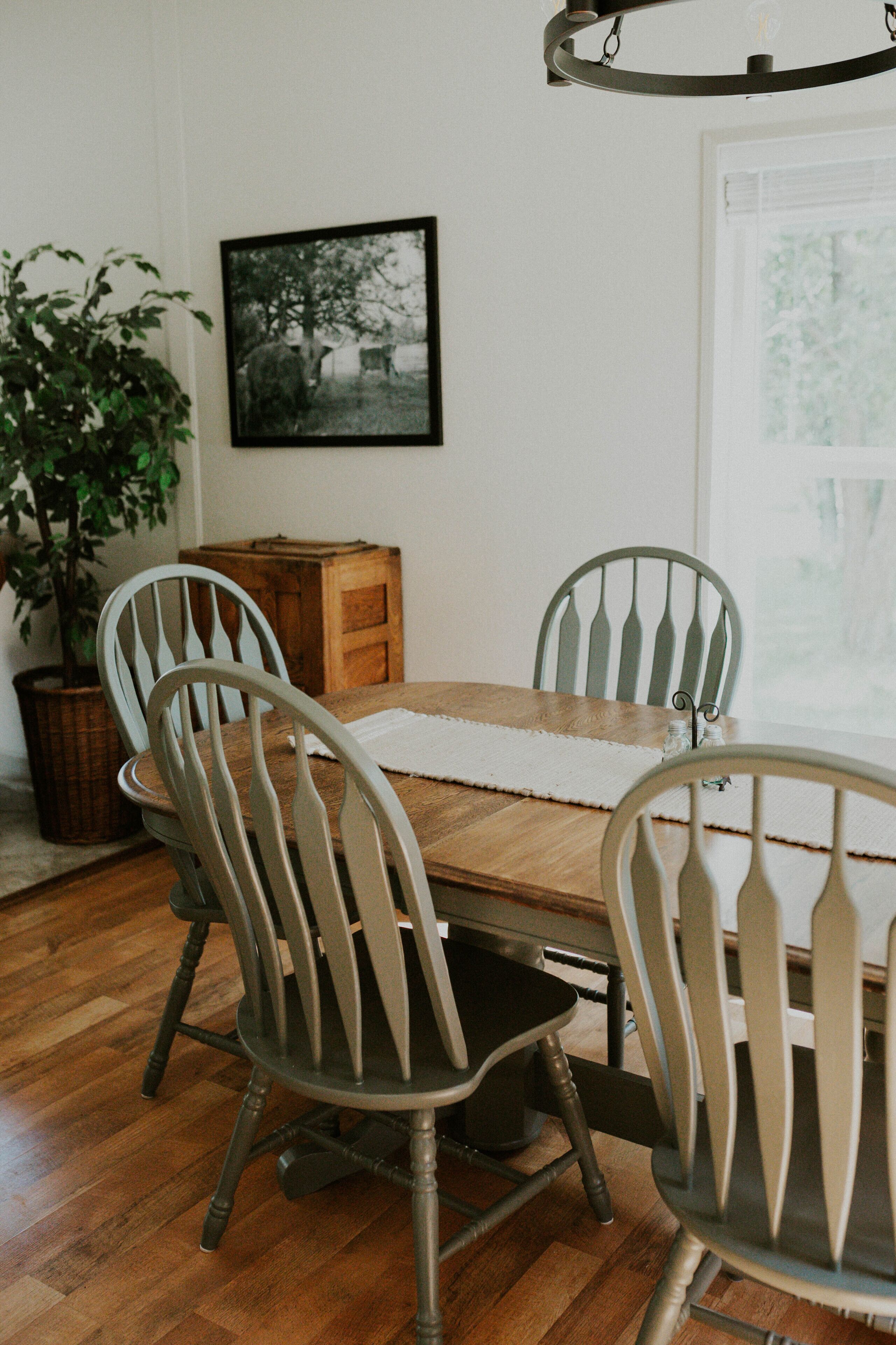 Un comedor con una mesa de madera, cuatro sillas, una planta en maceta, un cuadro en la pared y una ventana con vistas.