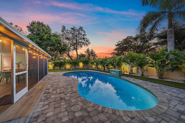 Lined with stunning Eureka Palms, this backyard throws off major tropical vibes.